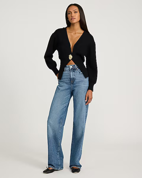 Gold Button V-Neck Banded Cardigan | Express