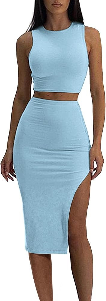ELLEVEN 2 Piece Midi Skirt Sets for Women, Crew Neck Sleeveless Tank Top and Slit Bodycon High St... | Amazon (US)
