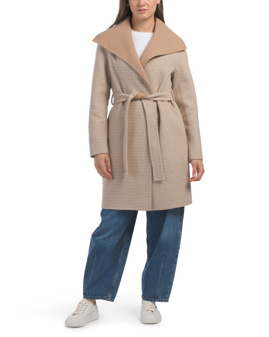 Wool Mini Houndstooth Oversized Collar Belted Wrap Coat | TJ Maxx