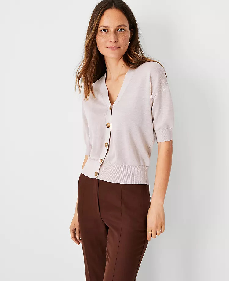 Linen Blend V-Neck Short Sleeve Cardigan | Ann Taylor (US)