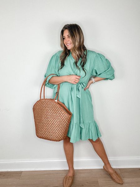 Target spring outfits! Target try on. Vacation outfit. Green dress, woven  tote bag, straw bag, woven mules. 

#LTKunder100 #LTKunder50 #LTKtravel