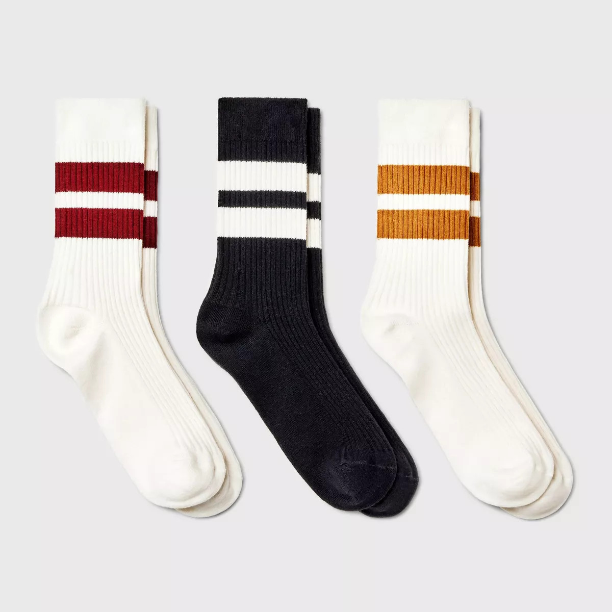Women's Lightweight Ribbed Striped 3pk Crew Socks - Universal Thread™ Ivory/Heather Gray/Brown ... | Target