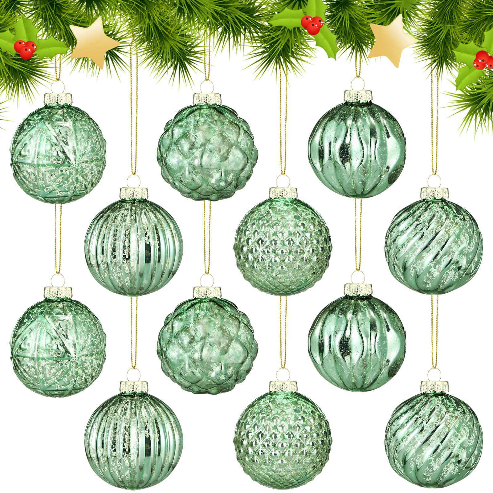 Jenaai 12 Pcs 2.36 Inch Mint Green Glass Christmas Ball Ornaments Vintage Christmas Tree Decorati... | Amazon (US)