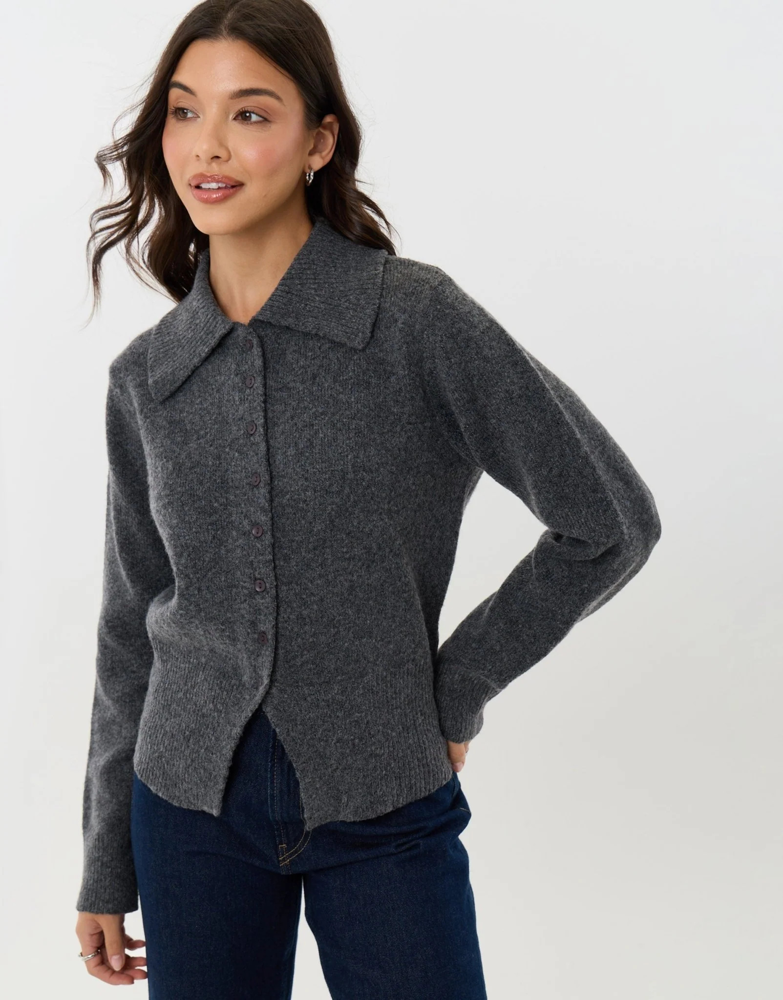 Polo Button Up Cardigan in Charcoal Grey | Threadbare UK