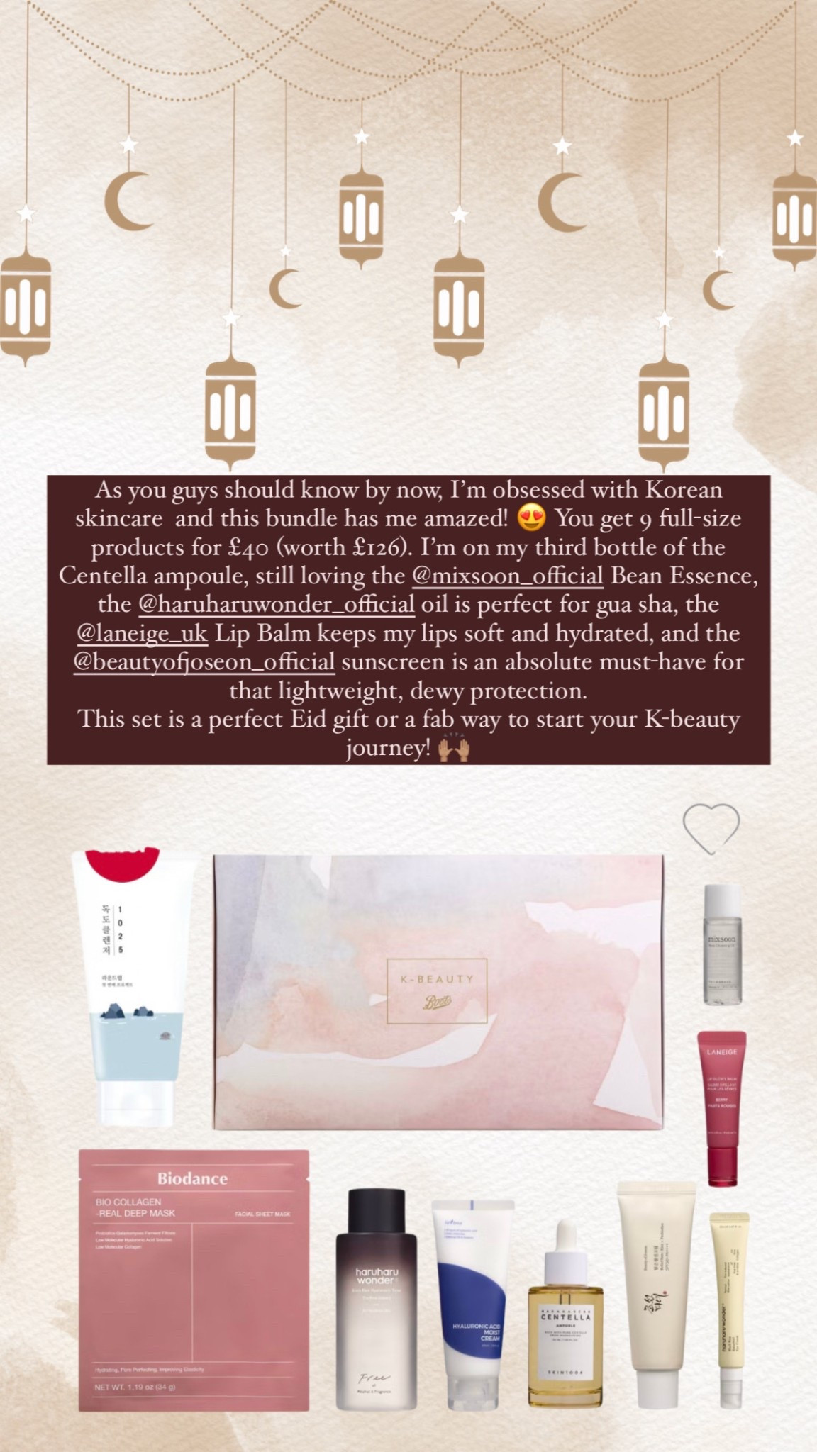 As you guys should know by now, I’m obsessed with Korean skincare and this bundle has me amazed! You get 9 full-size products for £40 (worth £126). I’m on my third bottle of the Centella ampoule, still loving the Mixsoon Bean Essence, the Haru Haru oil is perfect for gua sha, the Laneige Lip Balm keeps my lips soft and hydrated, and the Beauty of Joseon sunscreen is an absolute must-have for that lightweight, dewy protection. This set is a perfect Eid gift or a fab way to start your K-beauty journey! 🙌🏽🙌🏽

#LTKgiftguide #LTKbeauty #LTKsale