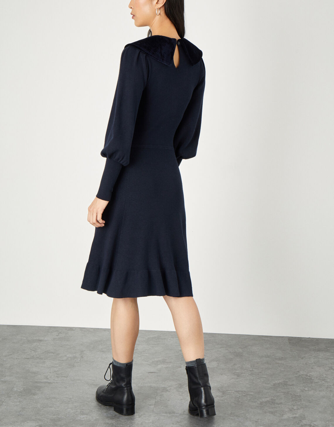 Velvet Tie Collar Long Sleeve Dress Blue | Monsoon (UK)