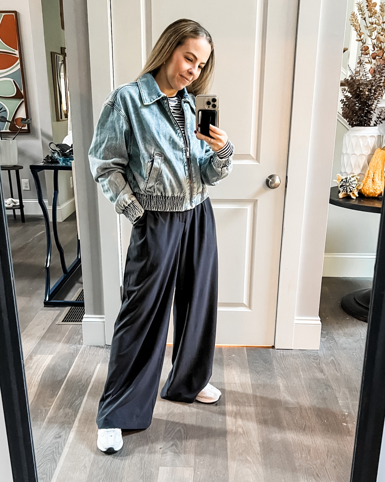 Loving this denim bomber from Mango and these athletic material trousers from Alo are dressy and sport all at once (did require hemming a few inches for me).