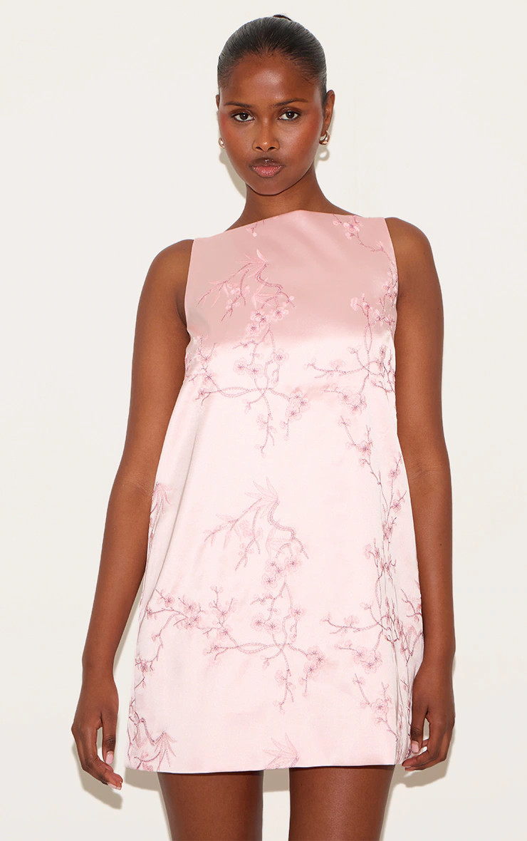 Pastel Pink Floral Embroidered A-line Mini Shift Dress | PrettyLittleThing US
