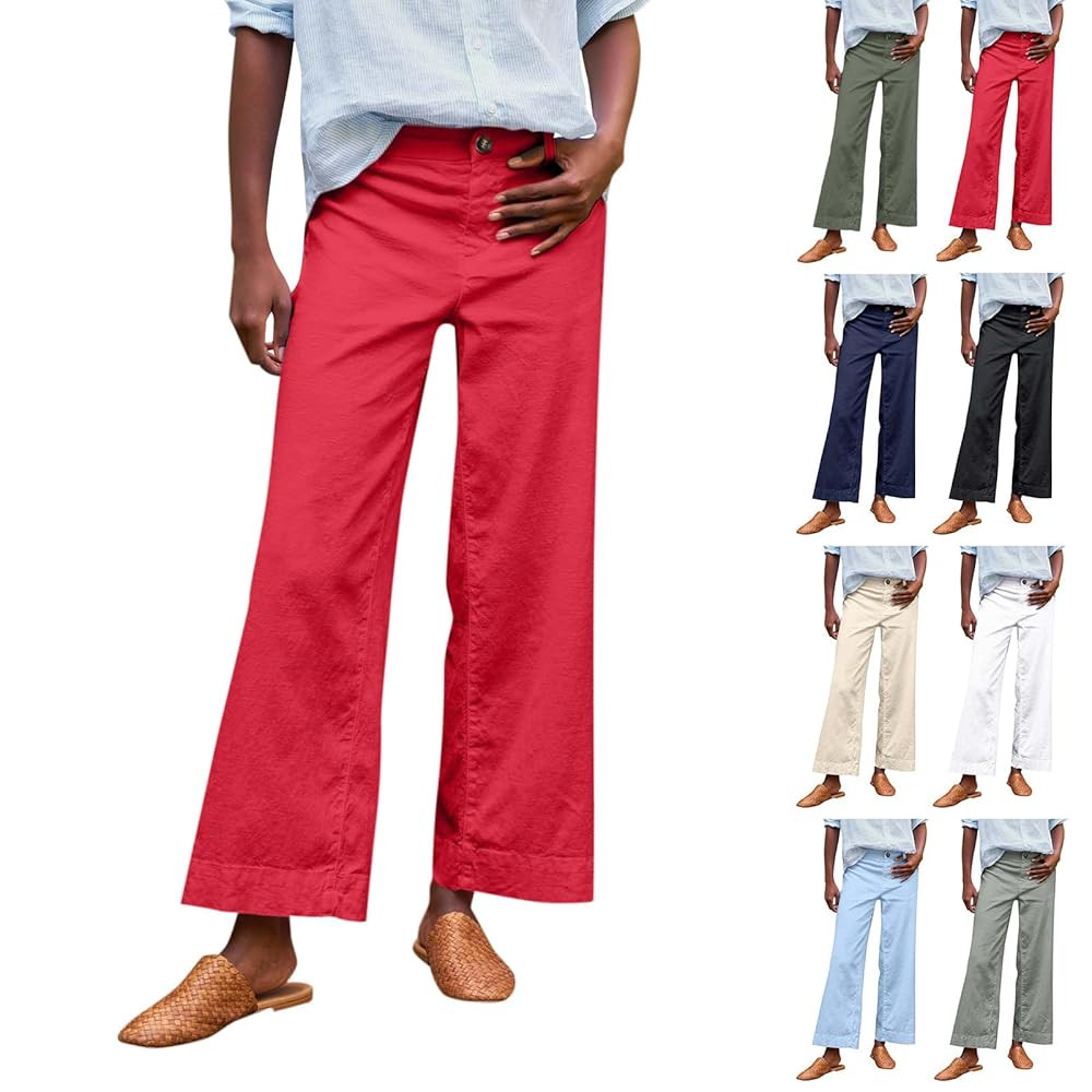 Wide Leg Linen Pants Women Cropped Elastic High Waisted Dress Pants Business Casual Comfy Work Pa... | Amazon (US)