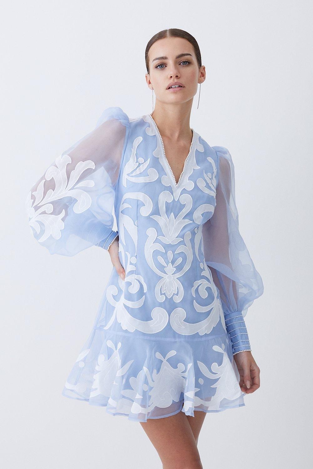 Petite Applique Organdie Buttoned Woven Mini Dress | Karen Millen US