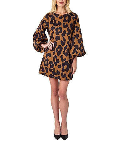 CROSBY by Mollie Burch Cecily Boat Neck Long Puff Sleeve Leopard Mini Shift Dress - L | Dillard's
