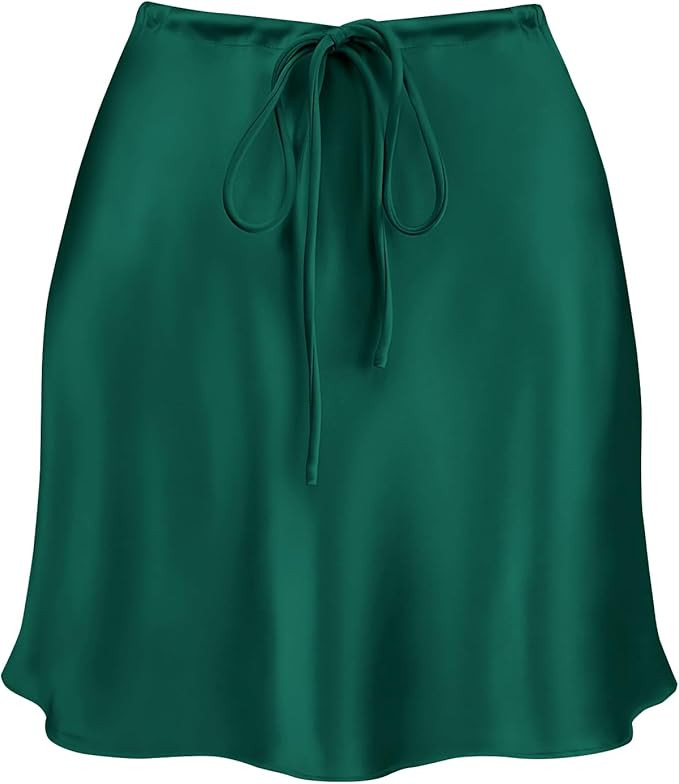 Women's Drawstring Satin Mini Skirt High Waisted Elegant Casual A-Line Flared Silk Short Skirts f... | Amazon (US)