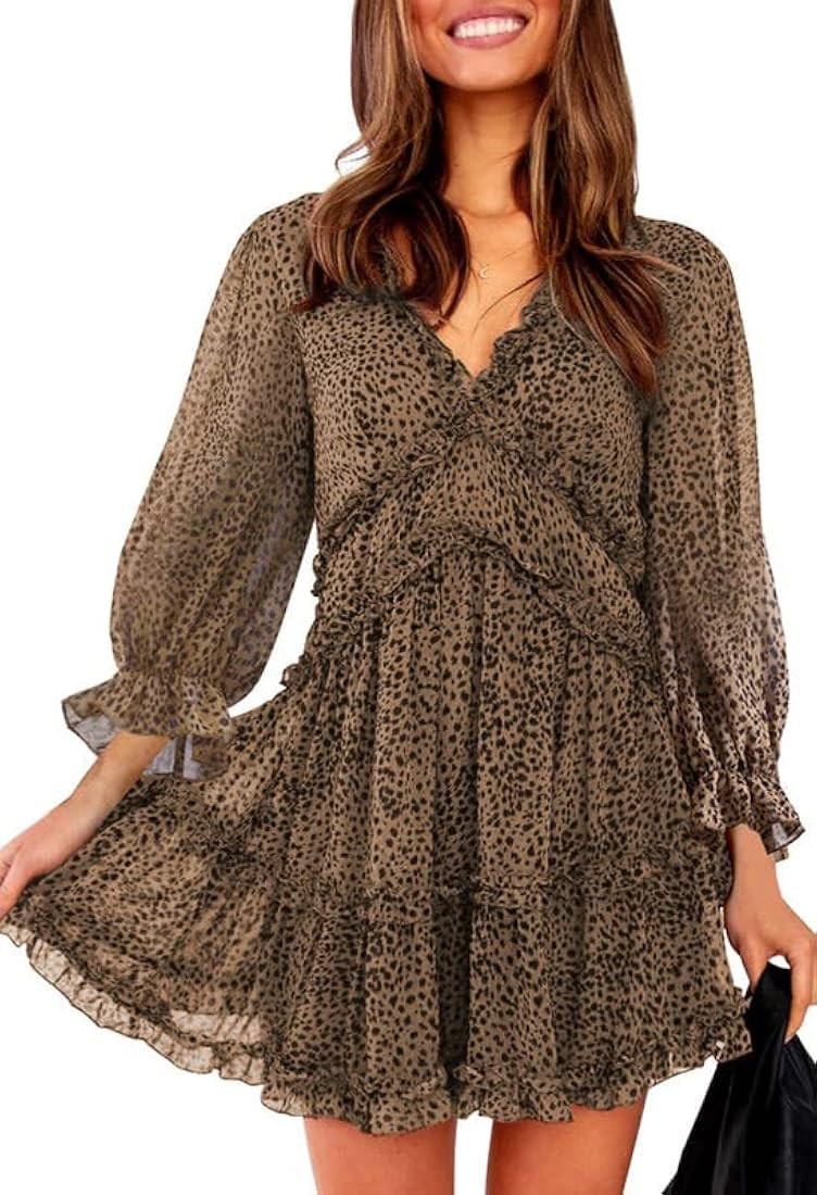 Dokotoo Womens 2023 Spring Summer Deep V Neck Ruffle Long Sleeve Floral Print Mini Dress | Amazon (US)