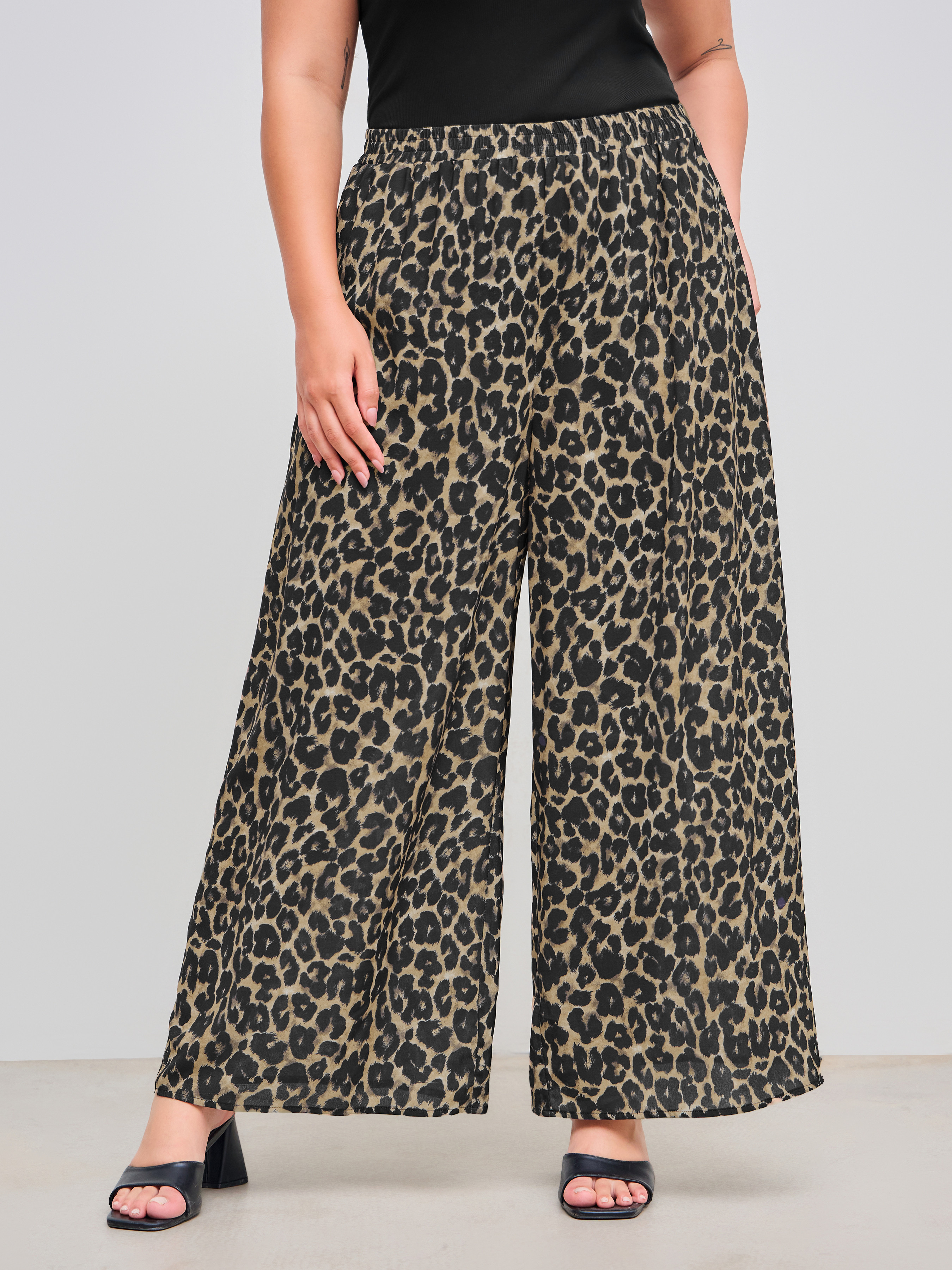 Woven Woven Mid Rise Elastic Waist Leopard Pocket Wide Leg Trousers Curve & Plus For Music Festiv... | Cider