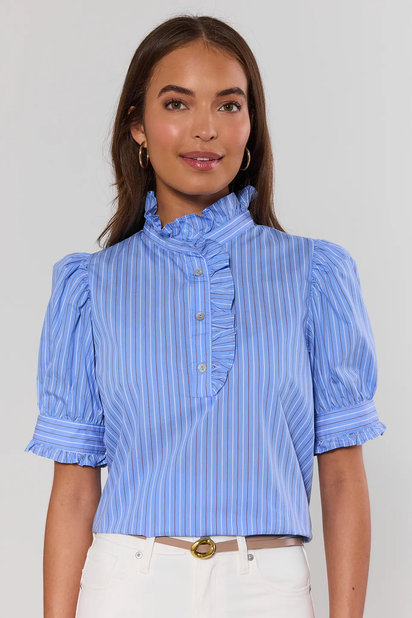 Blue Striped Puff Sleeve Top | Avara