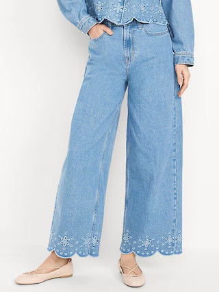 High-Waisted Baggy Wide-Leg Eyelet Ankle Jeans | Old Navy (US)