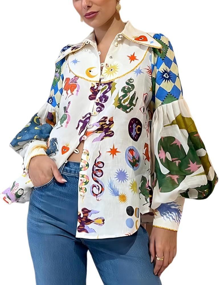 Womens Floral Print Button Down Shirt Lapel V Neck Boho Puffer Long Sleeve Dressy Top | Amazon (US)