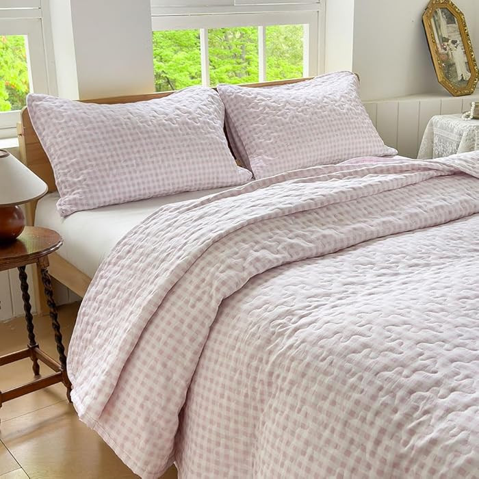 NSNLGSGC Pink Gingham Twin Quilt Set, Soft Pre-Washed Microfiber Pink Plaid Twin Bedspread, Light... | Amazon (US)