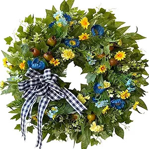 WANNA-CUL 24 Inch Year Round Spring Summer Wreaths for Front Door, Blue Yellow Floral Door Wreath... | Amazon (US)