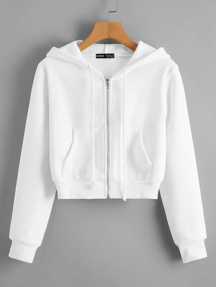 Kangaroo Pocket Zip Up Drawstring Hoodie | SHEIN