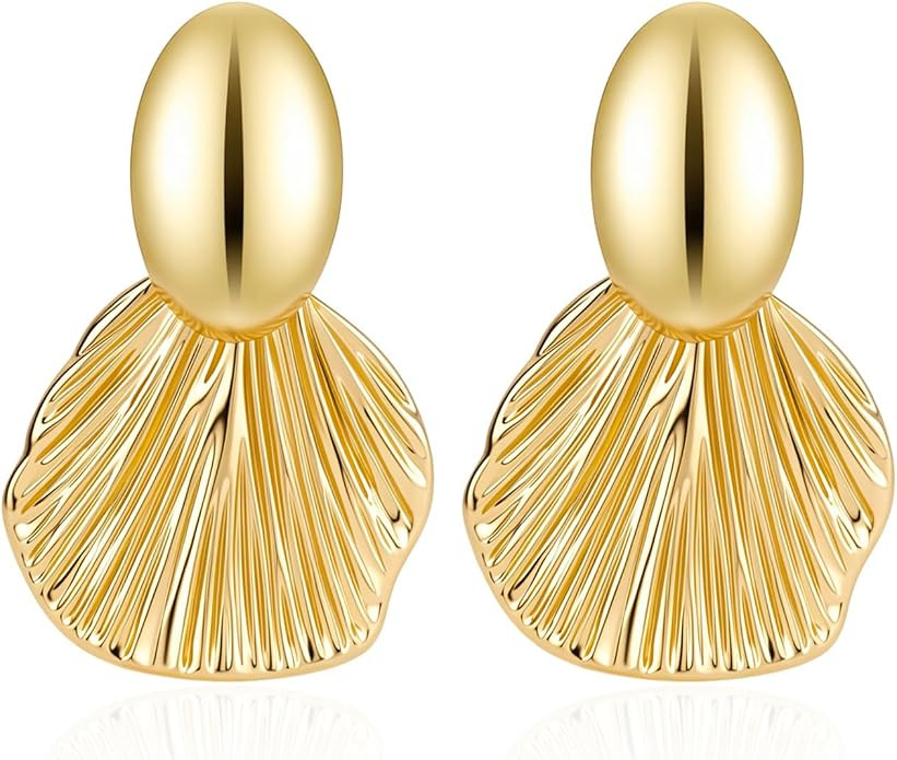 Gold Statement Earrings Chunky 14K Gold Plated Shell Dangle Drop Earrings for Women | Amazon (US)