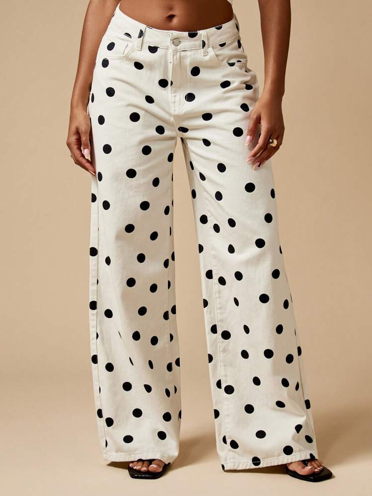 MISSGUIDED Polka Dot Wide Leg Jeans High Waisted Cotton Pants Retro Style Spring Fall Fashion Statement Bottom Wear | SHEIN
