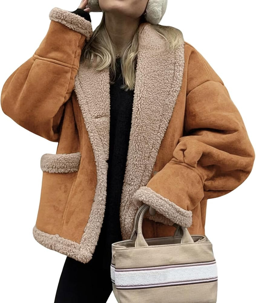 loveimgs Women Oversized Sherpa Lined Leather Jacket Faux Suede Fleece Shearling Coat Winter Bike... | Amazon (US)