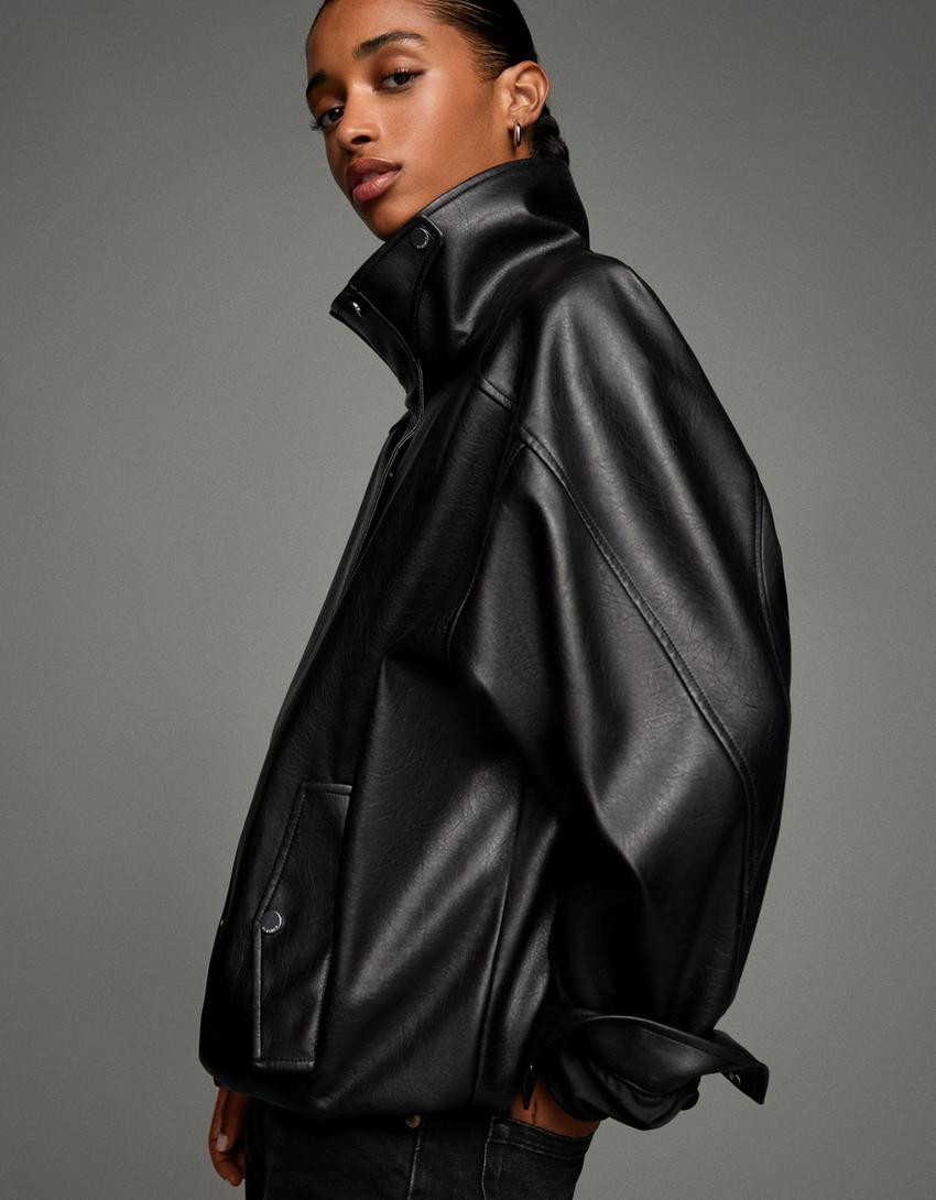 Oversize leather effect jacket - Jackets and trench - Women | Bershka GB