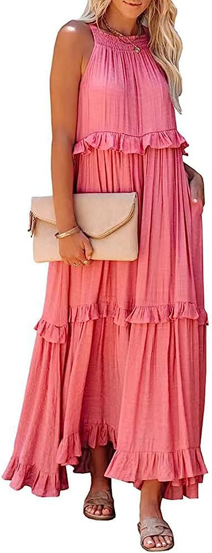 IVERIRMIN Women's Sleeveless Halter Neck Maxi Dress Ruffle Pleated Tiered Layered Chiffon Flowy S... | Amazon (US)