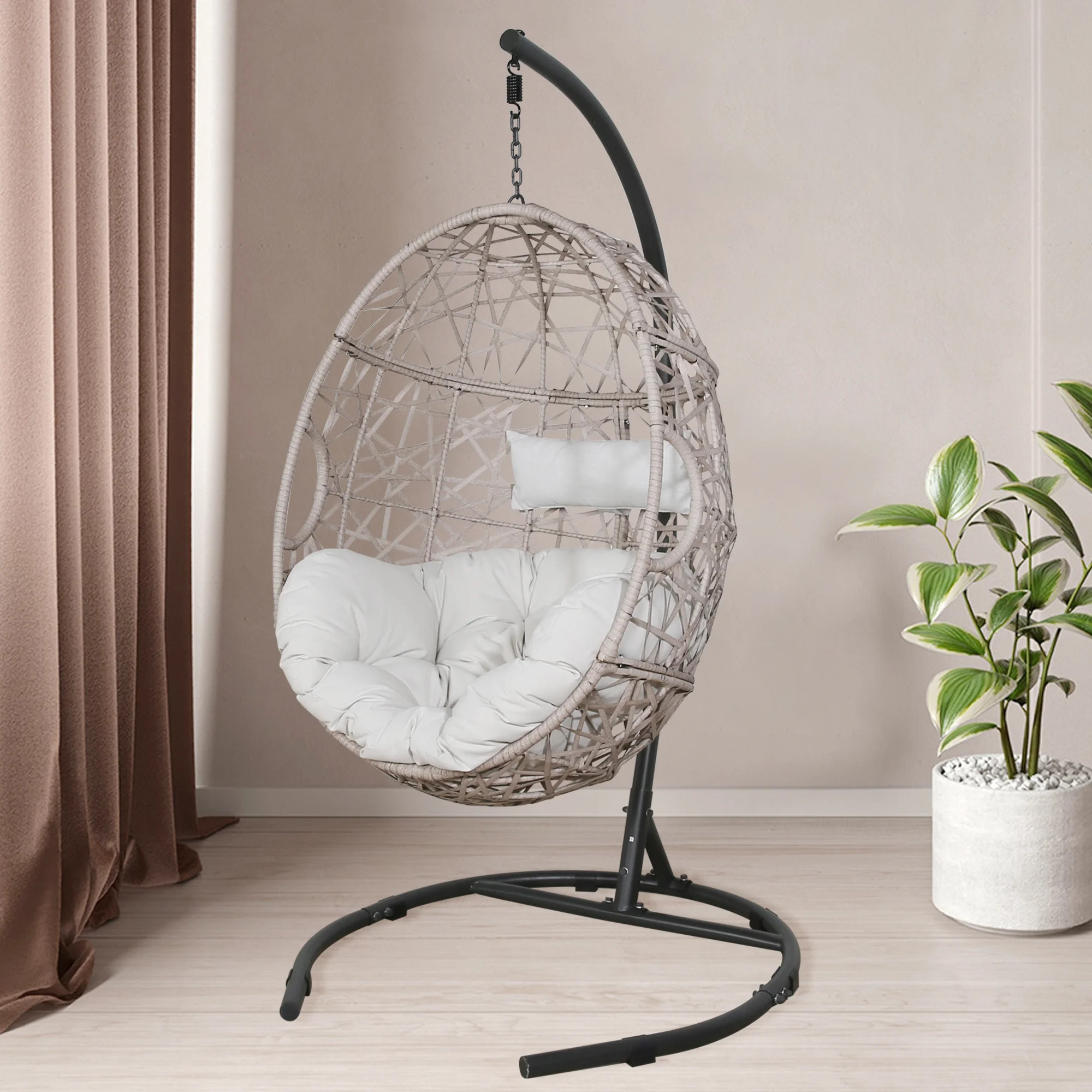 Ulax furniture Indoor Outdoor Wicker Hanging Basket Swing Chair Tear Drop Egg Chair with Cushion ... | Walmart (US)