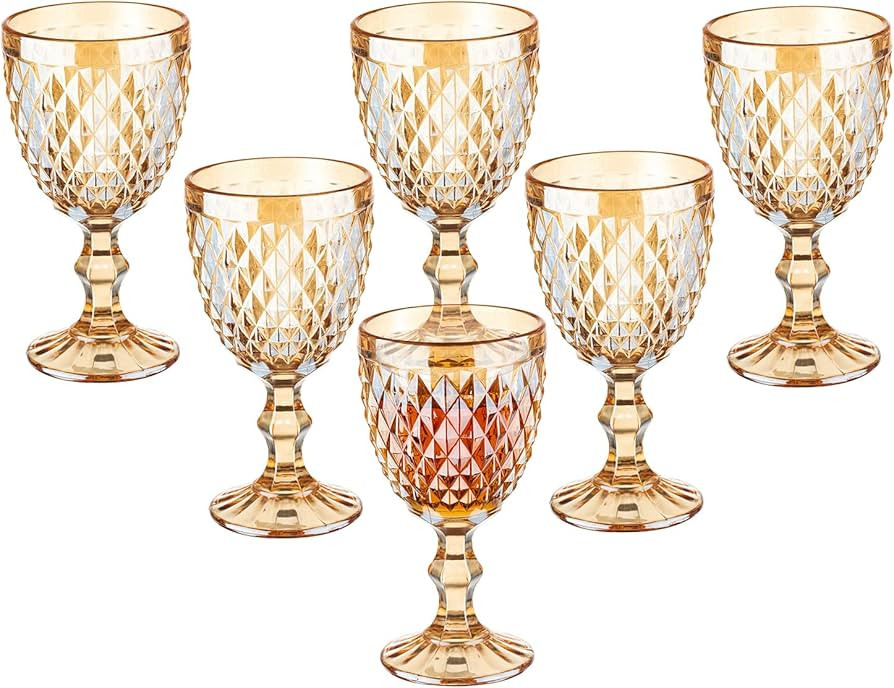 Vintage Wine Glasses Set of 6, 10 Ounce Colored Glass Water Goblets, Unique Embossed Pattern High... | Amazon (US)