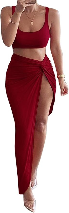 PRIMODA Women's 2 Piece Dress Outfit Sleeveless Tank Crop Bodycon High Slit Maxi Long Skirt Set | Amazon (US)