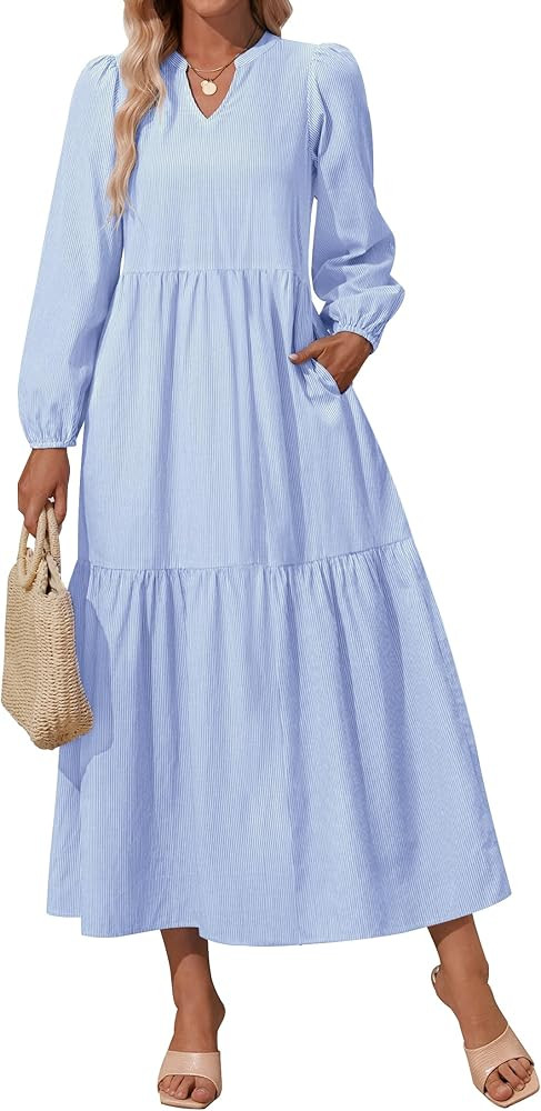 NENONA Women's 2024 Striped Long Sleeve Fall Dress V Neck Casual Flowy Beach Vacation Tiered Maxi... | Amazon (US)