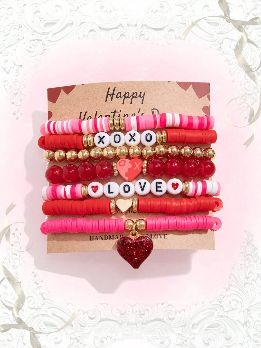 ROMWE Kawaii 7pcs/Set Fashionable Sweet & Cute Heart Shaped Pendant & Beaded Alphabet Bracelet Fo... | SHEIN