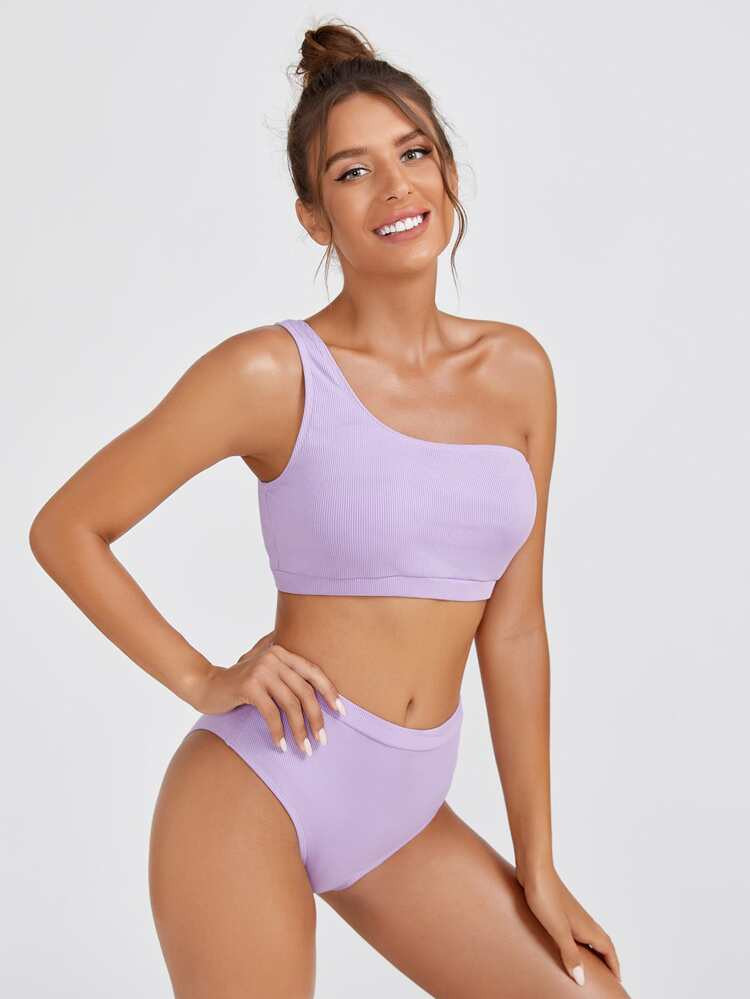 SHEIN BASICS Rib One Shoulder High Waisted Bikini Swimsuit | SHEIN
