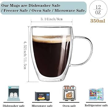 Glass Coffee Mugs 4 packs Large Clear Coffee Mug 350Ml Double Wall Tea Cup with Handle Glass Mugs... | Amazon (US)