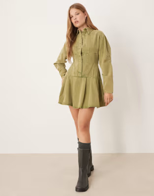 ASOS DESIGN cinched long sleeve mini shirt dress in washed green | ASOS (Global)