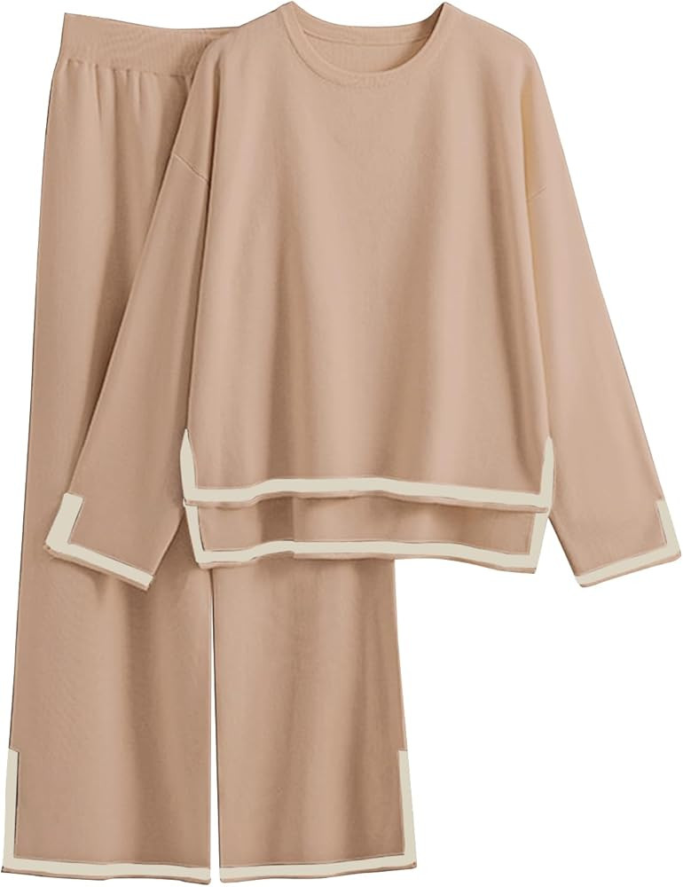 VELISDE Women's Lounge Set Sweater Set 2 Piece Outfits Knit Set Long Sleeve Pullover Top Wide Leg... | Amazon (US)
