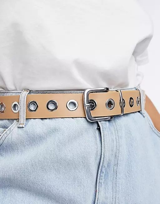 My Accessories London Curve Exclusive silver eyelet waist and hip jeans belt in camel | ASOS (Global)