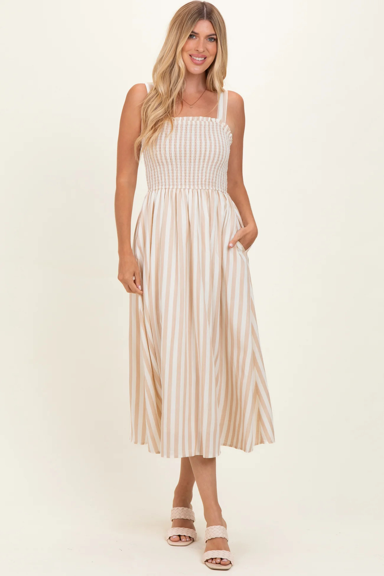 Khaki Striped Smocked Sleeveless Midi Dress | PinkBlush Maternity