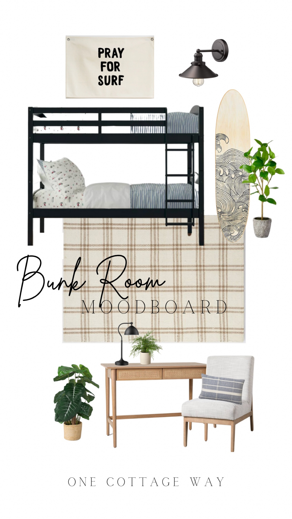 Bunk Room Mood Board🏄‍♂️
Sharing our design ideas for this surf themed  kid’s room!

~~~~~~~~~~~~~~
Kids bedroom, bunk room, bunk bed, nursery, boy’s room, coastal decor, surf board wall art, writing desk, slipper chair, navy blue throw pillow, chambray denim comforter, barn light sconce, desk lamp, hearth and hand, target, amazon finds, pray for surf banner, twin mattress, tan plaid area rug

#LTKhome #LTKkids #LTKunder100