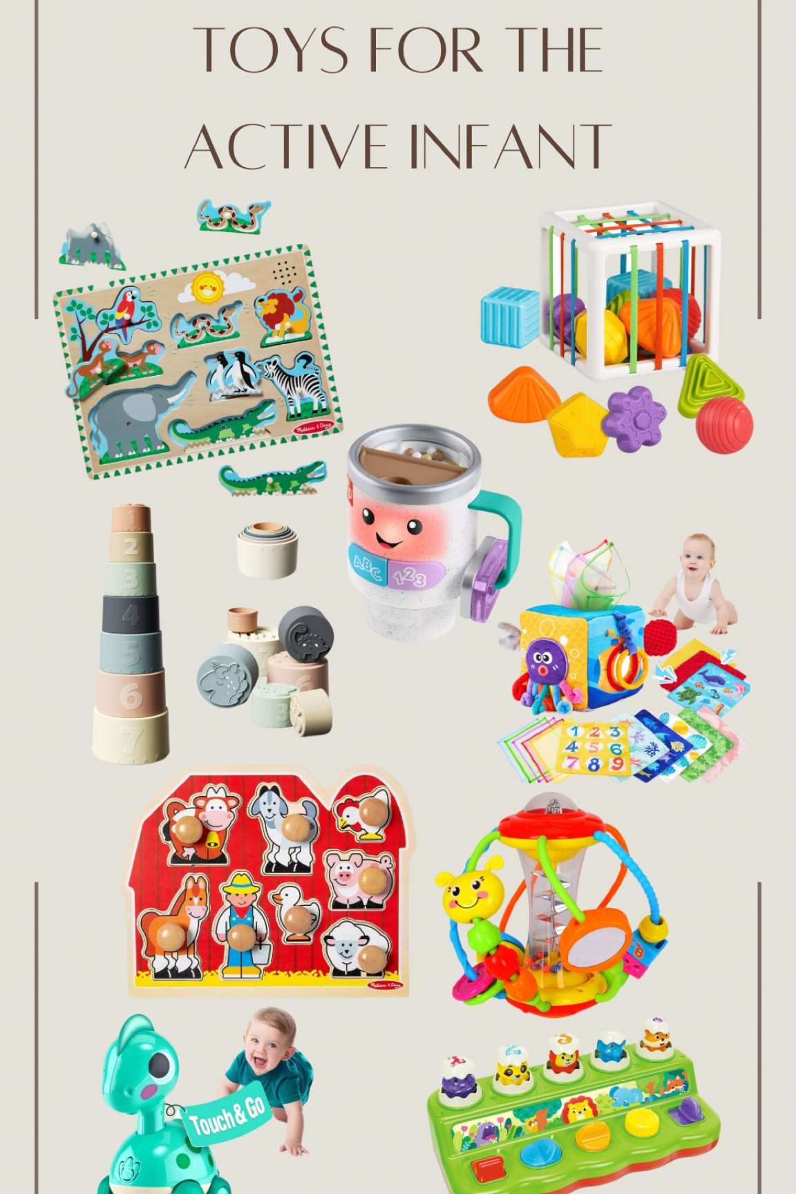 Some toys for the active infant! If you have a 6-12 month old who gets bored easily and always wants to be on the go, these are some great options for toys to entertain them. We have to constantly switch it up for our infant.


Infant toys, baby toys, 6-12 month old toys, active baby toys, peg puzzle, object cube, stacking cups, baby tissue box, Montessori toys, on the go baby toys

#LTKBaby #LTKFamily #LTKFindsUnder50