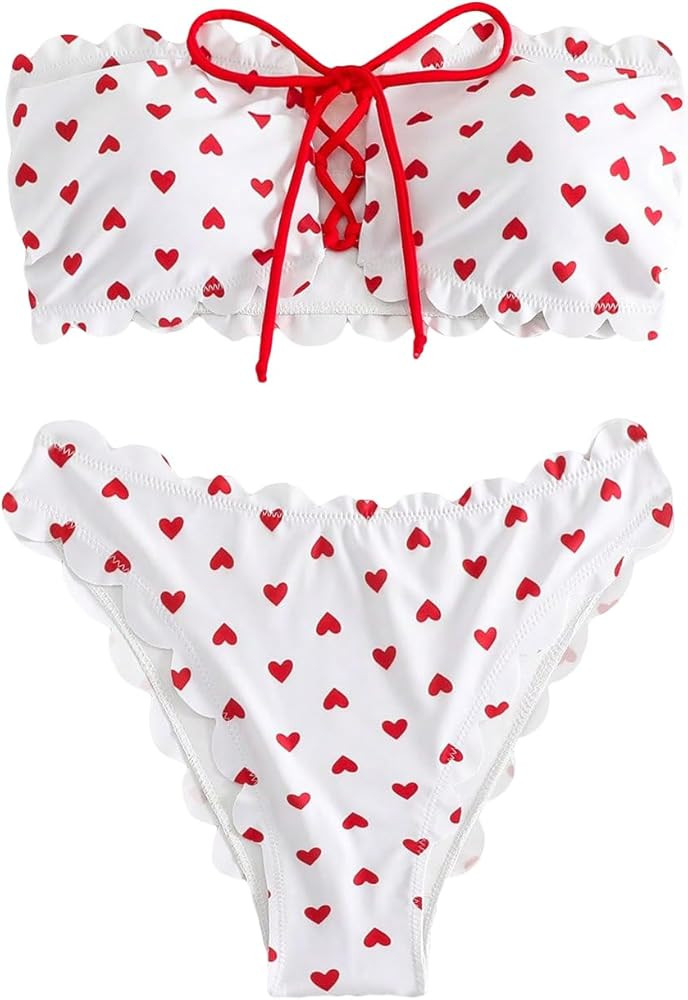 SweatyRocks Women's Strapless Heart Pattern Lace Up Knot Front Scallop Trim Bandeau 2 Piece Bikin... | Amazon (US)