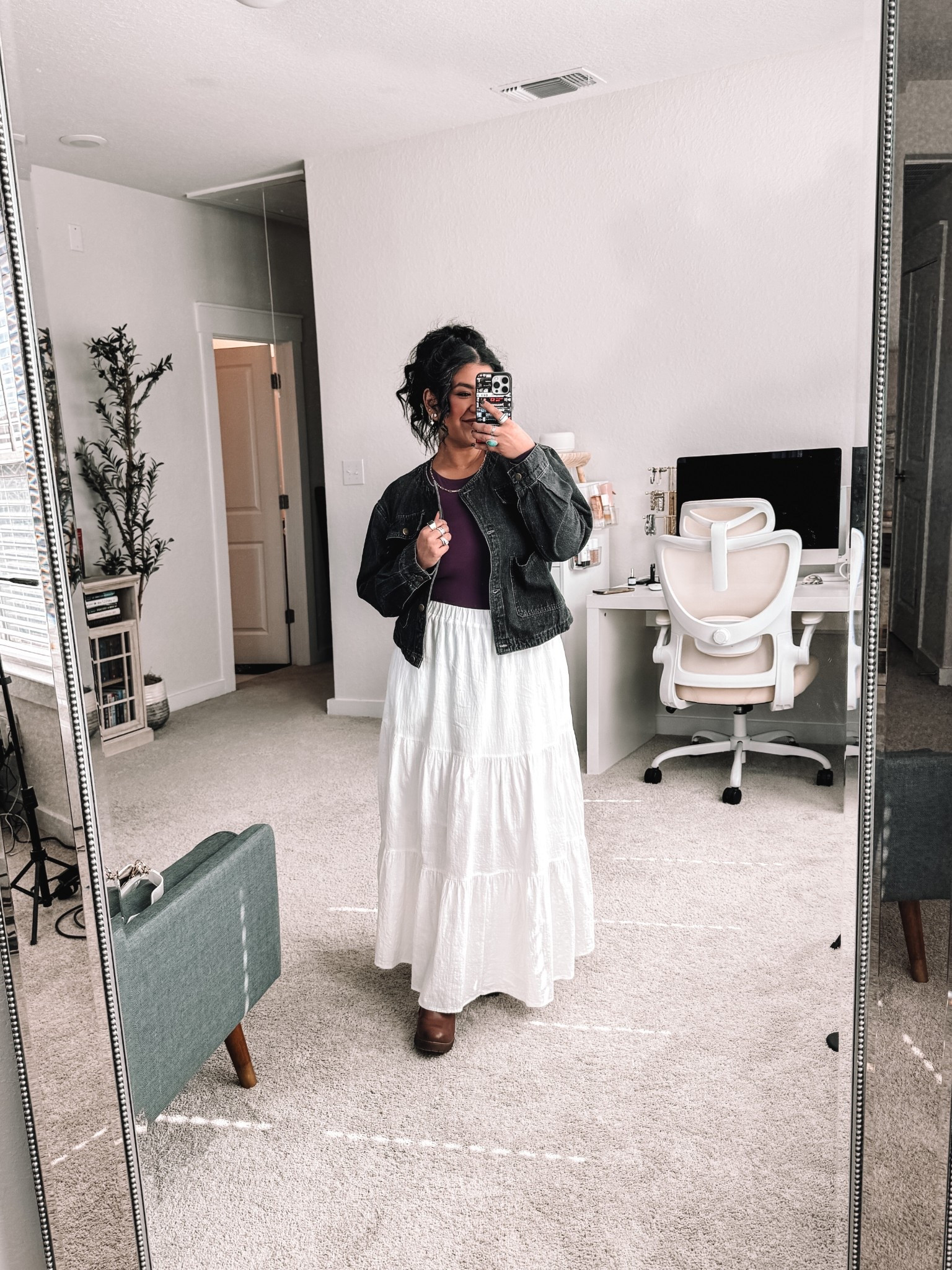 Amazon outfit. I'm 5'1" size 12 // JACKET: size large, true to size // BODYSUIT: size large, true to size, shade Amaranthine (eggplant purple) // SKIRT: size XL, size up in this, it runs small // BOOTS: true to size 

#LTKOver40 #LTKMidsize #LTKPetite