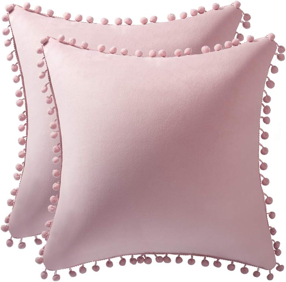 DEZENE 18x18 Throw Pillow Covers Pink: 2 Pack Cozy Soft Pom-poms Velvet Square Decorative Pillow ... | Amazon (US)