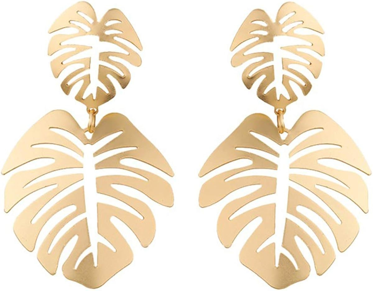 Gold Green Palm Leaf Dangle Earrings Tropical Monstera Leaves Eardrop for Women Girls Bohemia Jew... | Amazon (US)