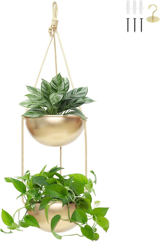 AceList 2 Pack Gold Hanging Planter for Indoor Plants - 9.8 Inch Boho Metal Plant Hanger Indoor w... | Amazon (US)