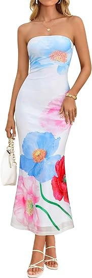 ZESICA Womens Summer Floral Strapless Maxi Dress 2026 Off Shoulder Mesh Tube Bodycon Wedding Gues... | Amazon (US)