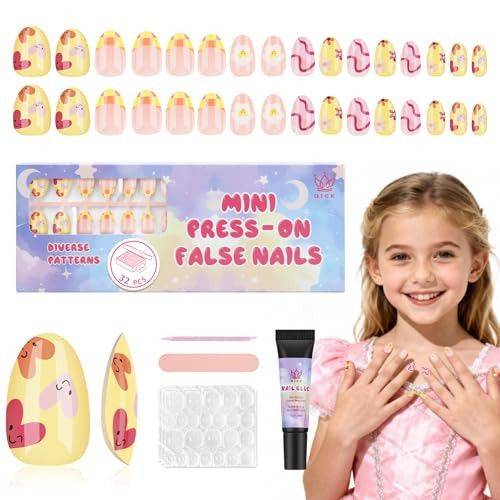 Qiek 16 Sizes Press on Nails Kit for Kids - 32 Pieces French Almond Fake Nail Tips for Girls 8-12 Years Old with Jelly Nail Adhesives & No-Lamp Nail Glue, Birthday Christmas Gifts (Happy Smile) | Amazon (US)