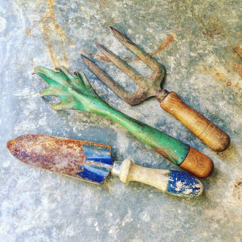Vintage Garden Tools / Hand Trowel Rake and Fork / Set of Three / Rustic | Etsy (US)